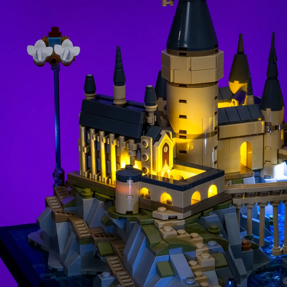 Close-up of premium LED kit on LEGO Hogwarts Castle and Grounds 76419 highlighting the Chamber of Secrets