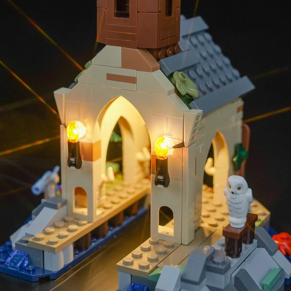 Close-up of BrickBling micro-LED wiring on the LEGO Boathouse rockwork