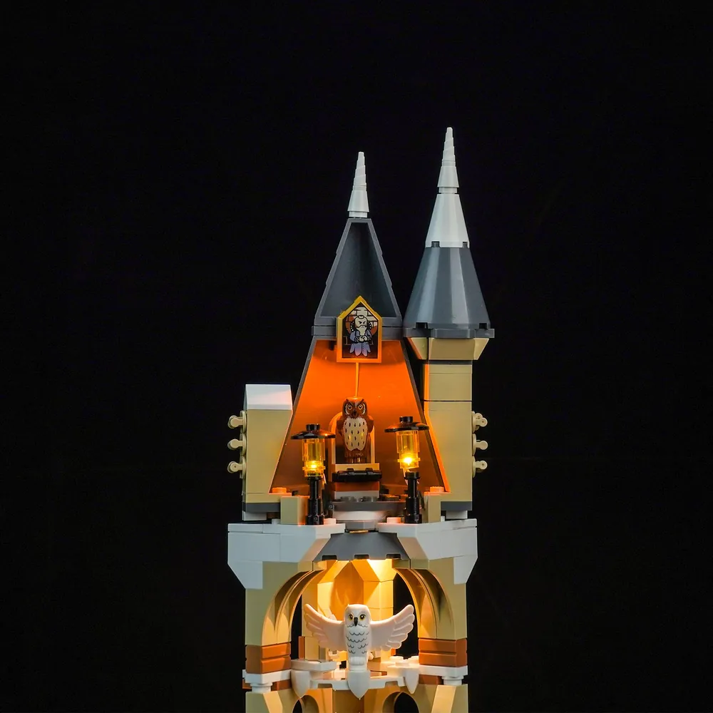Close-up of BrickBling micro-LEDs mounted inside the LEGO Owlery tower