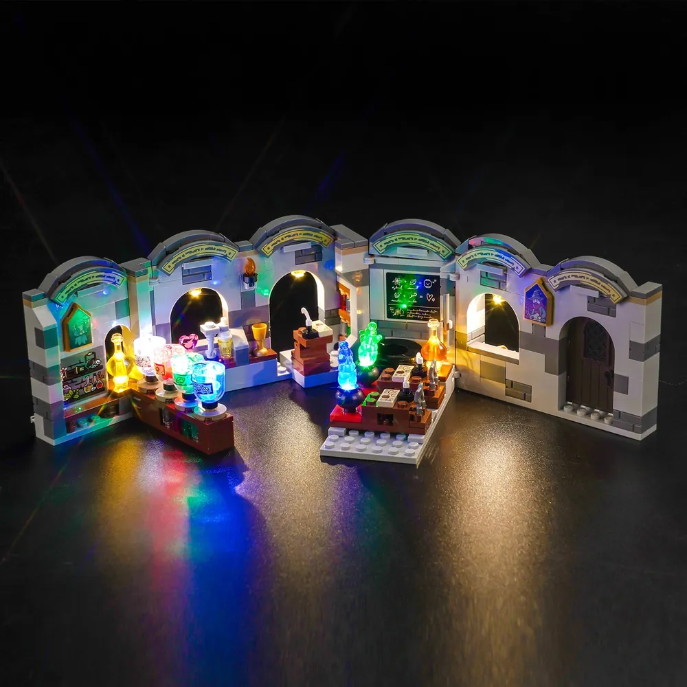 BrickBling LED kit for LEGO 76431 Potions Class highlighting the potion stations and dungeon shelves