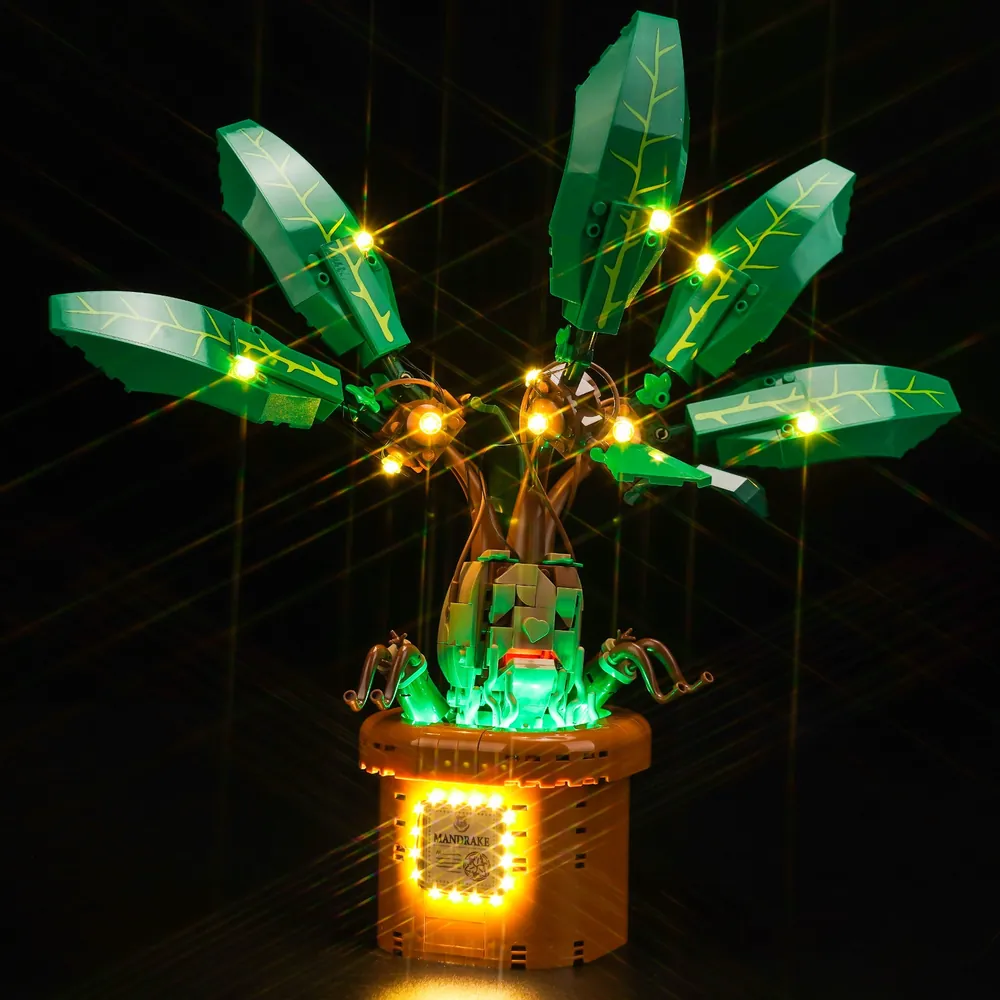 BrickBling LED kit for LEGO Mandrake 76433 illuminating the leaves and pot with micro-LEDs