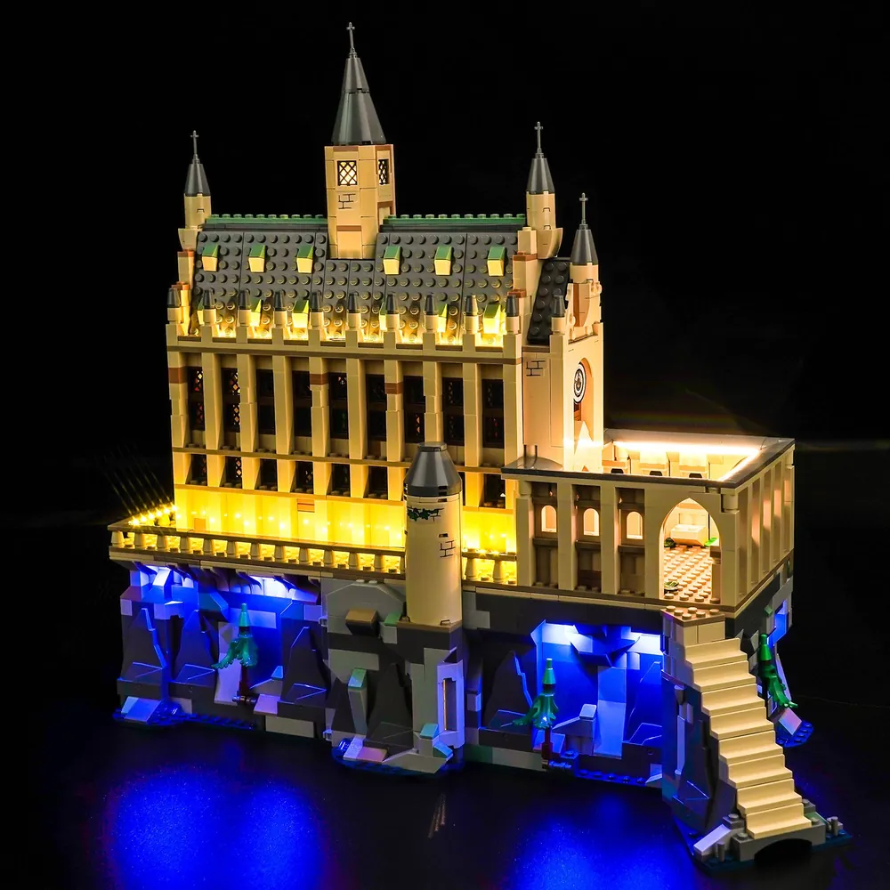 BrickBling LED kit for LEGO Hogwarts Castle Great Hall illuminating the interior and exterior