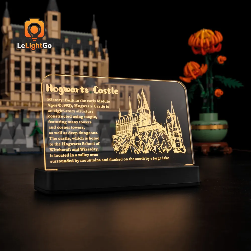 LeLightGo LED nameplate for LEGO Hogwarts Castle Great Hall glowing at the base