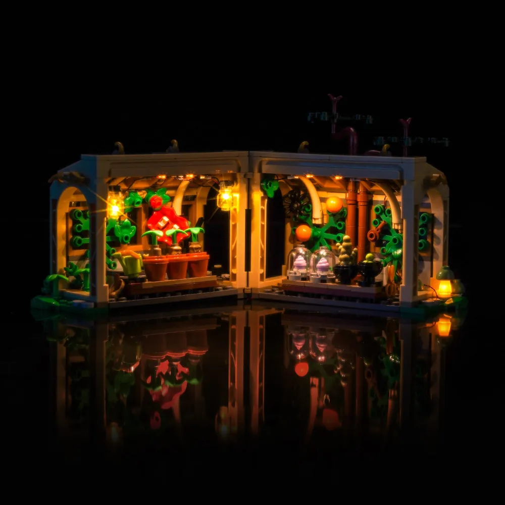 BrickBling light kit for LEGO Harry Potter Herbology Class 76445 with modular micro-LEDs illuminating the greenhouse interior