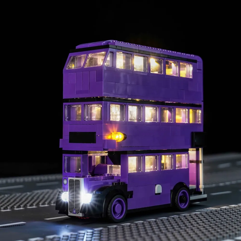 BrickBling LED kit for LEGO Knight Bus Adventure 76446 illuminating the windows and street lamp with micro-LEDs