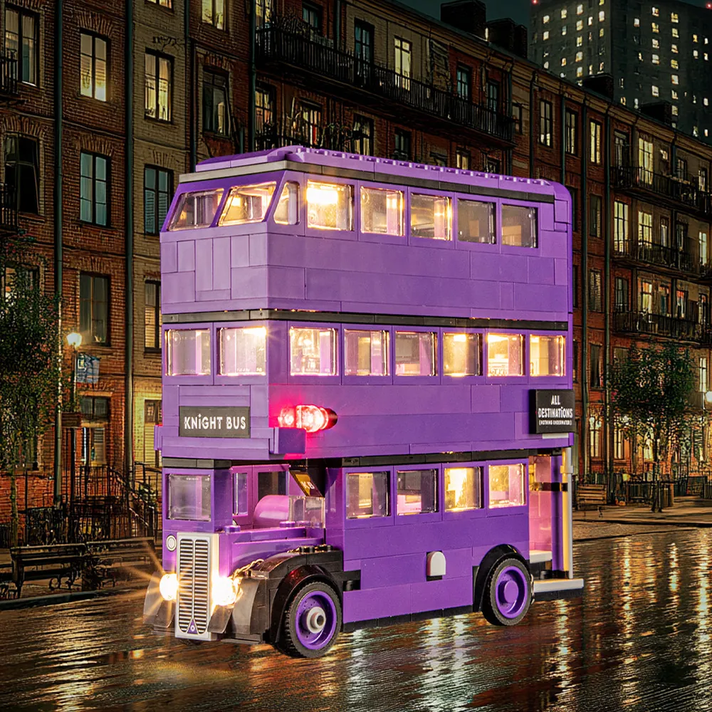 Briksmax 2.0 LED kit for LEGO Knight Bus Adventure 76446 with pre-soldered harness lighting the bus and street scene