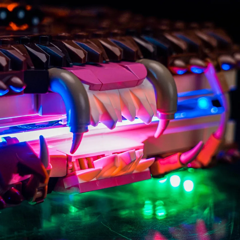 Close-up of BrickBling modular micro-LED installation on the book's jaw
