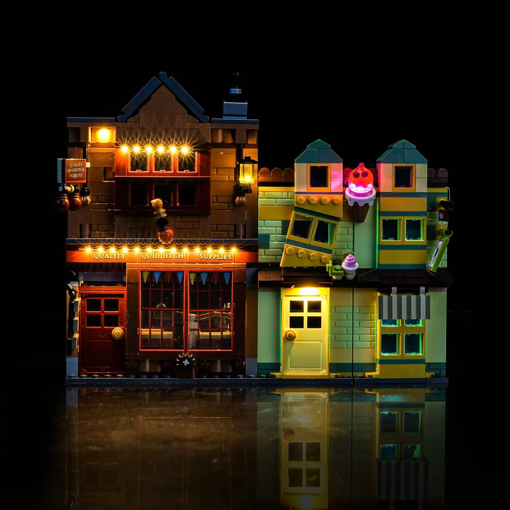 BrickBling LED kit for LEGO Harry Potter Quality Quidditch Supplies and Ice Cream Parlour 76452 with micro-LEDs illuminating the storefronts and interiors