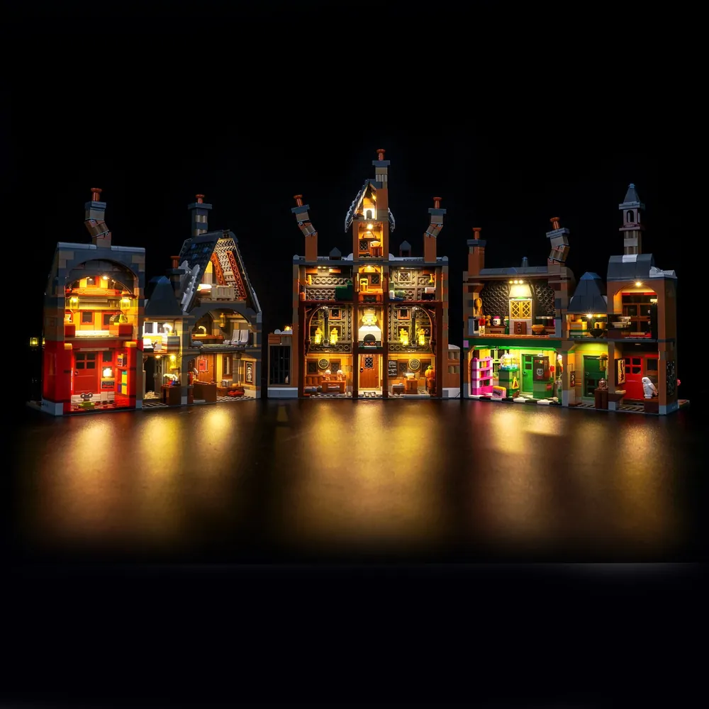 Close-up of BrickBling micro-LEDs illuminating Hogsmeade Village shop windows