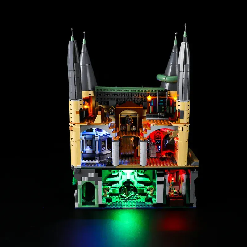 LEGO 76473 East Wing castle displayed with Lightailing lights glowing in the dark