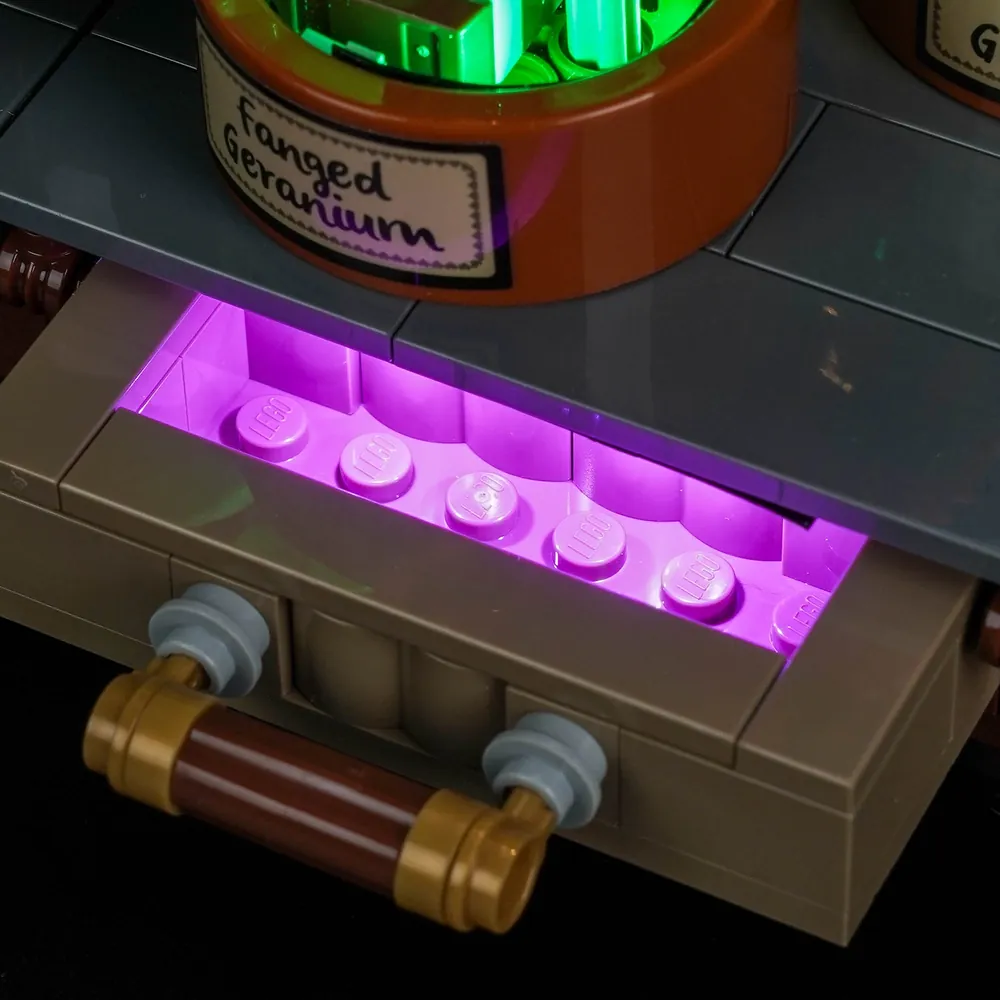 BrickBling light kit display view of LEGO 76474 Hogwarts Herbology Plants with all zones lit