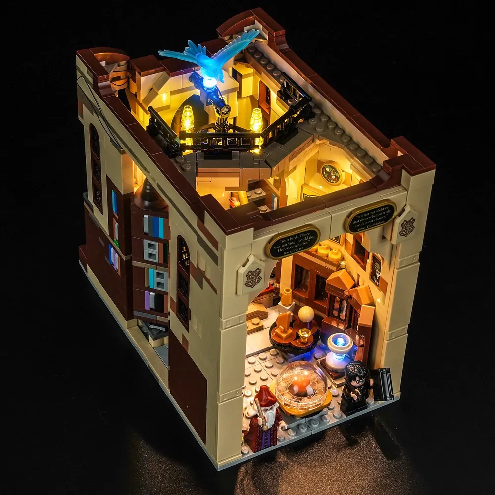 BrickBling micro-LEDs illuminating shelves and desk in Dumbledore's Office