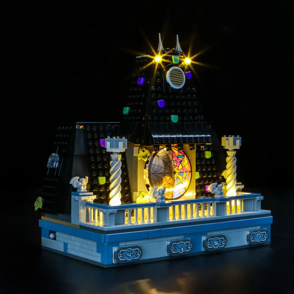 BrickBling Remote Control variant lighting up the stained glass window of LEGO 76781