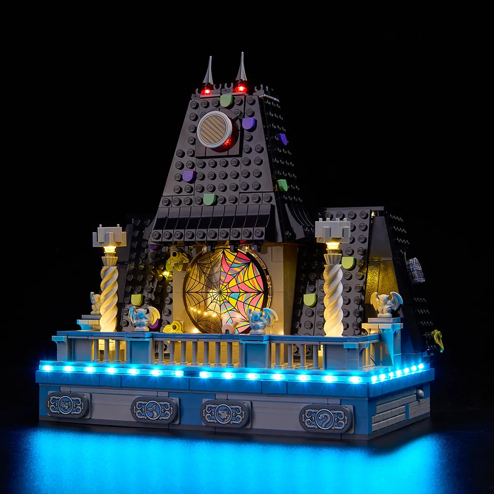 Game of Bricks LED kit for LEGO Wednesday and Enid's Dorm Room 76781 highlighting the gothic exterior and balcony