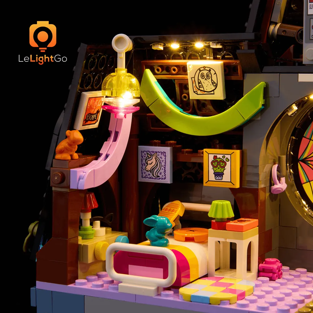 Close-up of LeLightGo modular micro-LEDs placed around the dorm's secret drawers in LEGO 76781