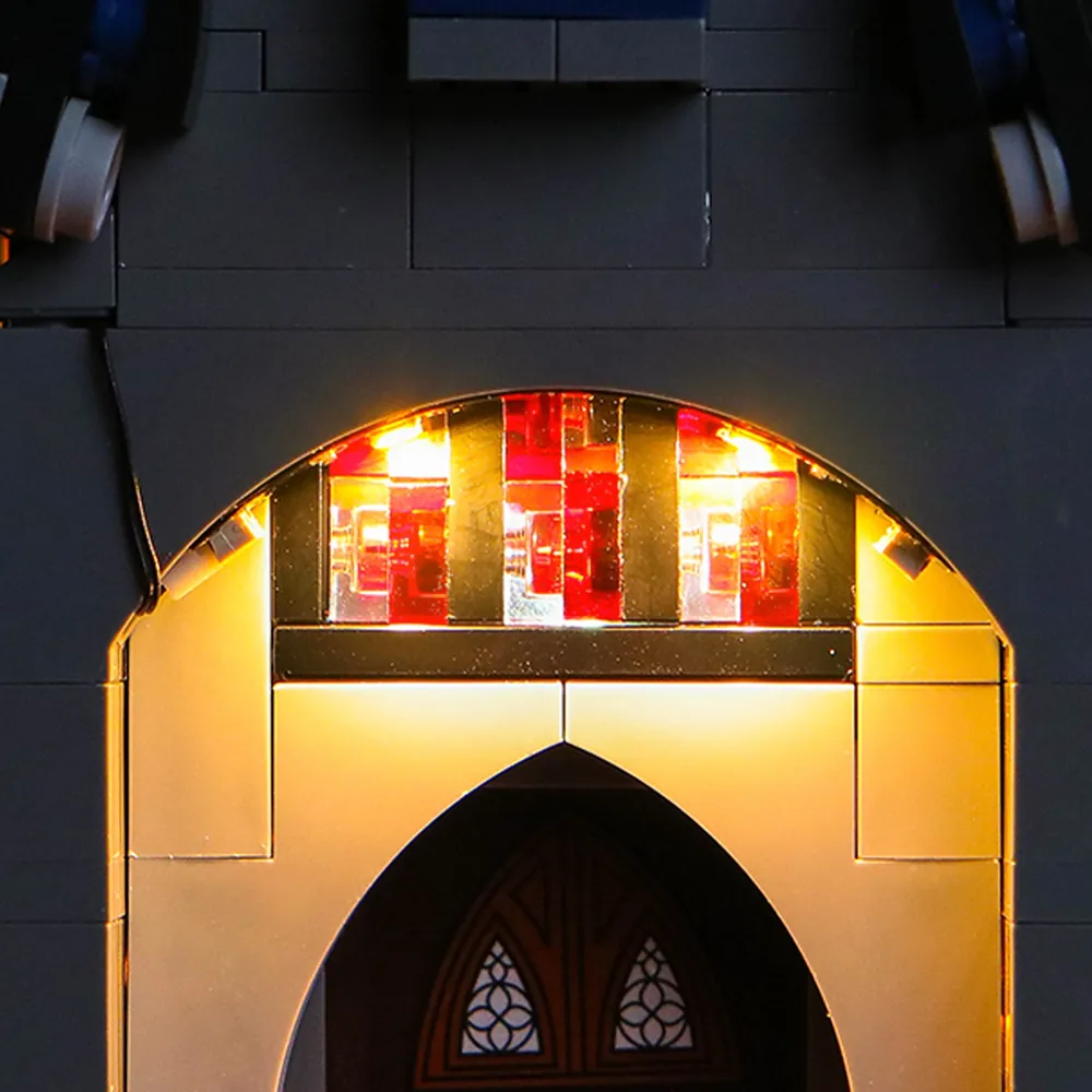 Close-up of BrickBling modular micro-LED boards inside LEGO Morticia's Cottage 76786