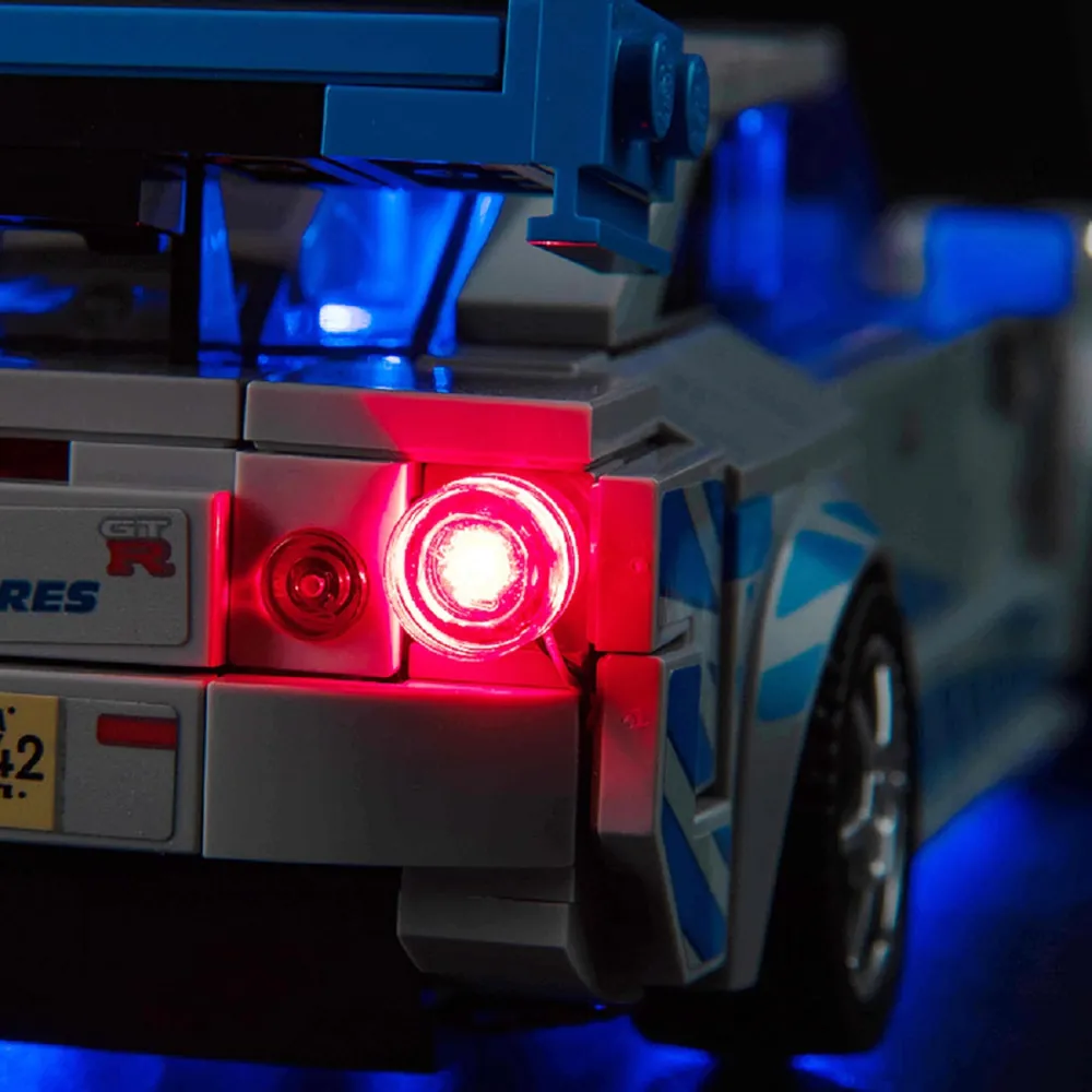 Close-up of BrickBling micro-LEDs installed on the LEGO 2 Fast 2 Furious Nissan Skyline GT-R set 76917