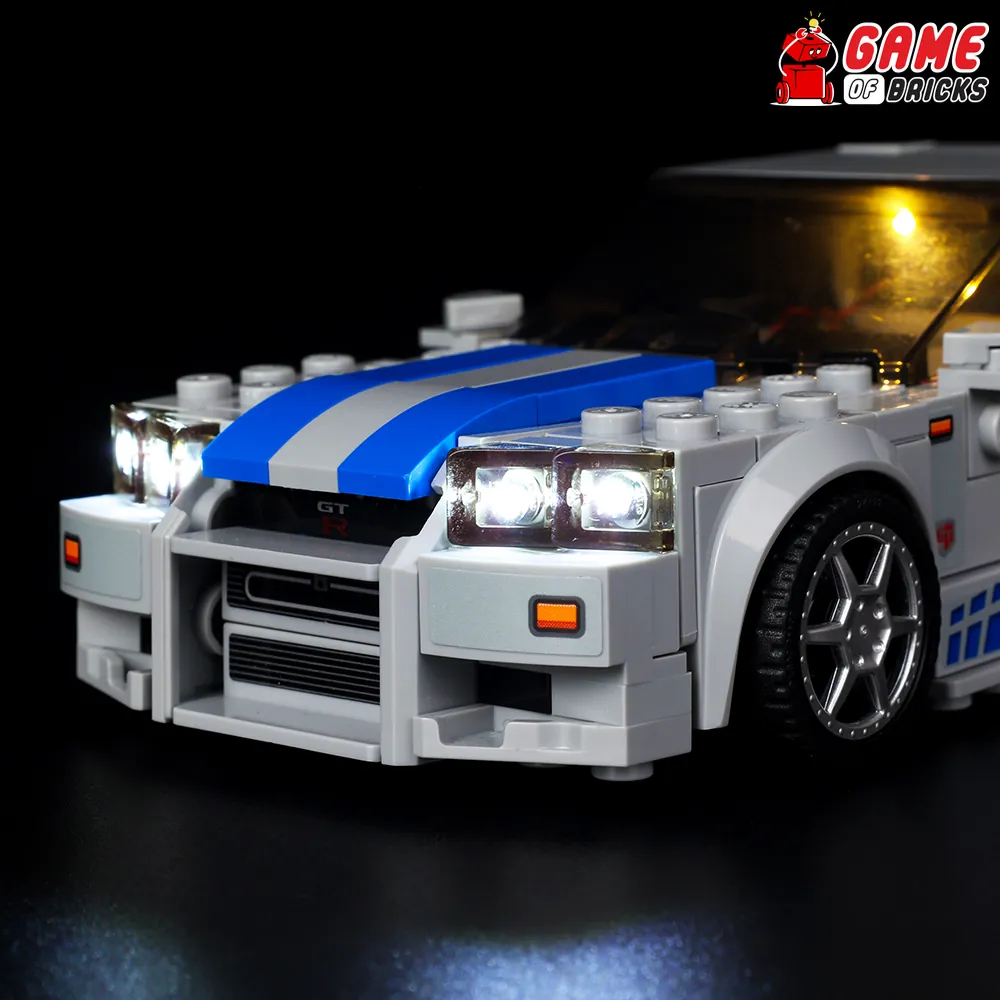 Game of Bricks LED kit illuminating the front and rear of the LEGO 2 Fast 2 Furious Skyline GT-R