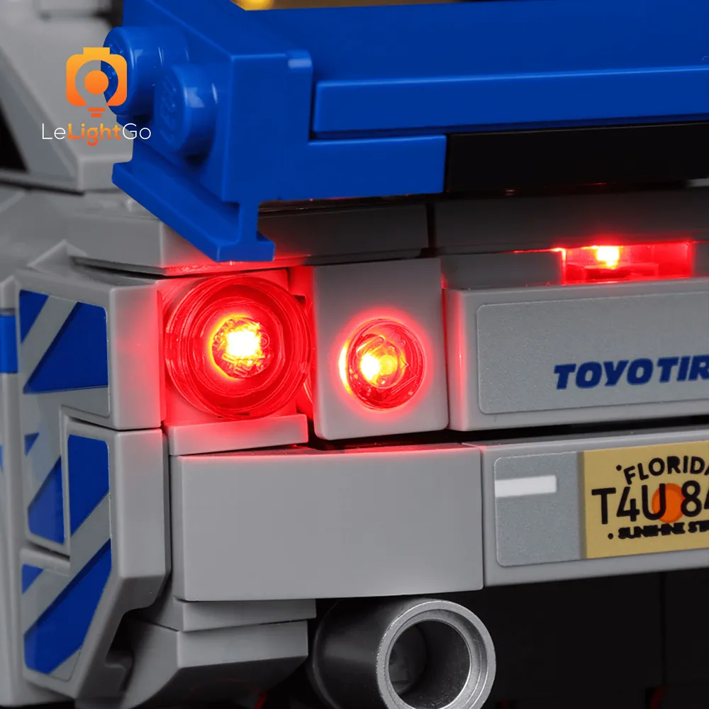 Night shot of LeLightGo LED lighting on the LEGO 2 Fast 2 Furious Nissan Skyline GT-R