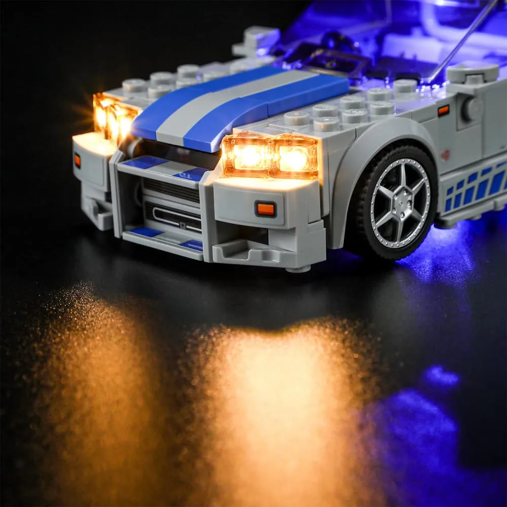 Lightailing LED kit lighting the front and rear of the LEGO 2 Fast 2 Furious Skyline GT-R set