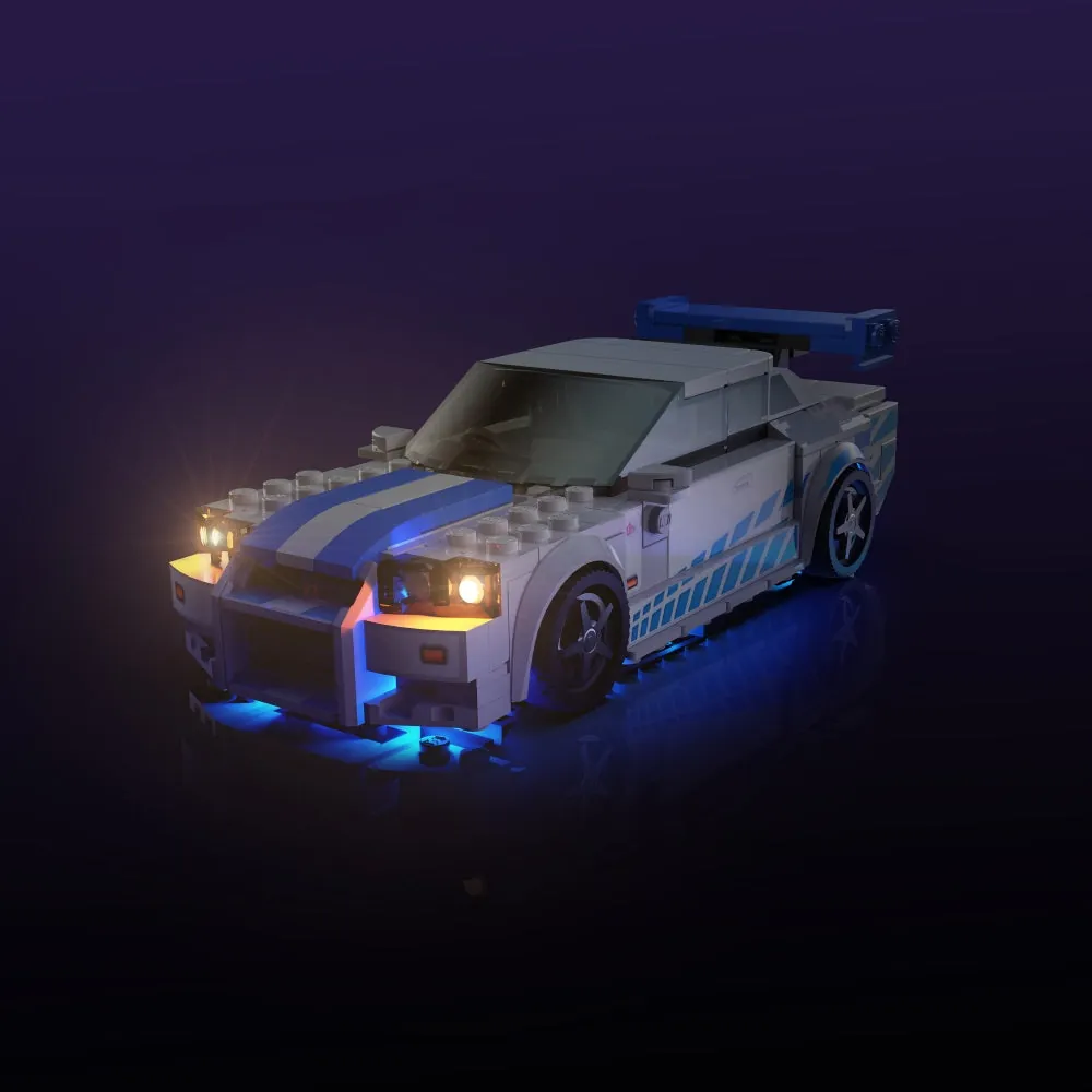 Light My Bricks LED kit installed on the LEGO Speed Champions Nissan Skyline GT-R R34 set 76917