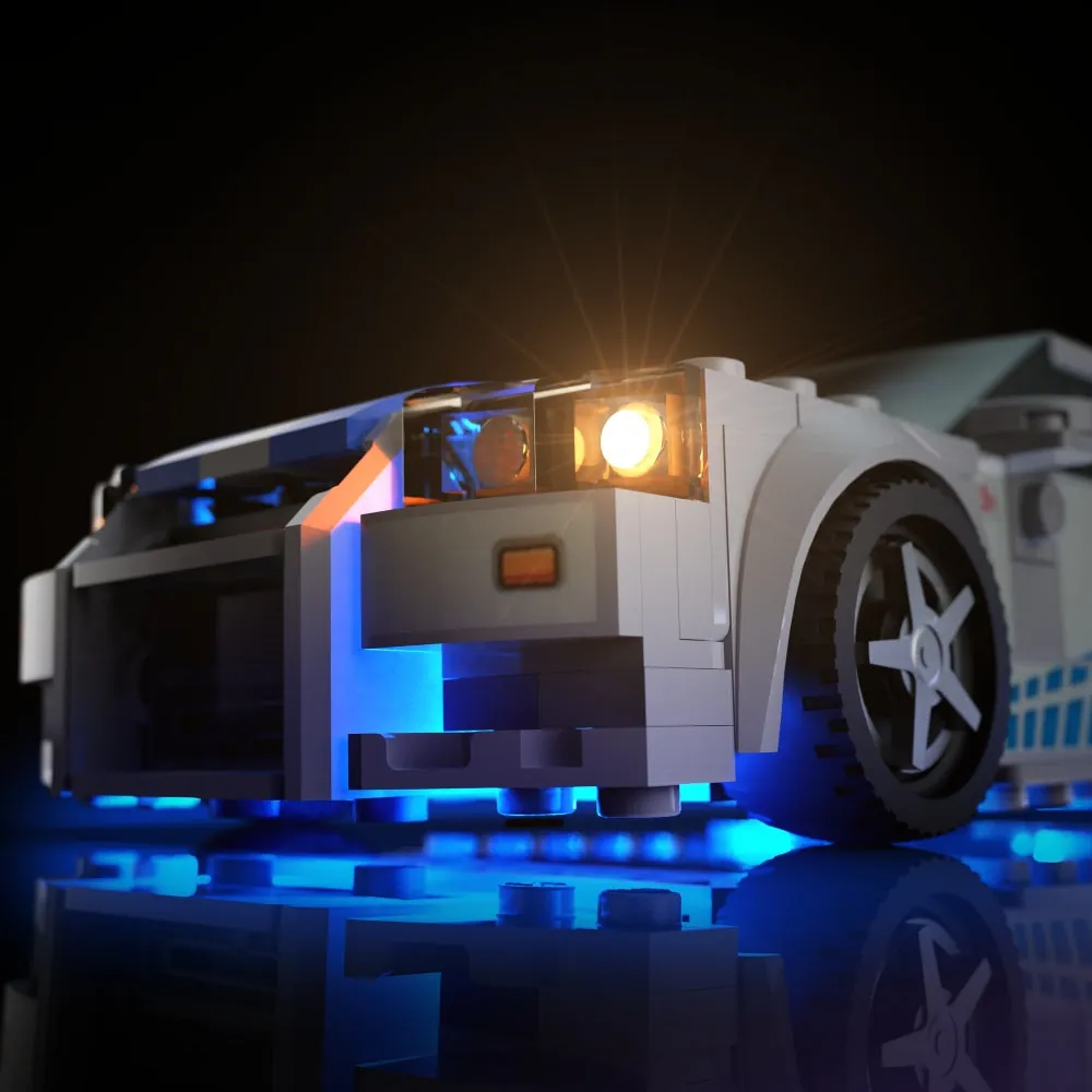 Light My Bricks LED kit highlighting the body lines of the LEGO 2 Fast 2 Furious Nissan Skyline GT-R