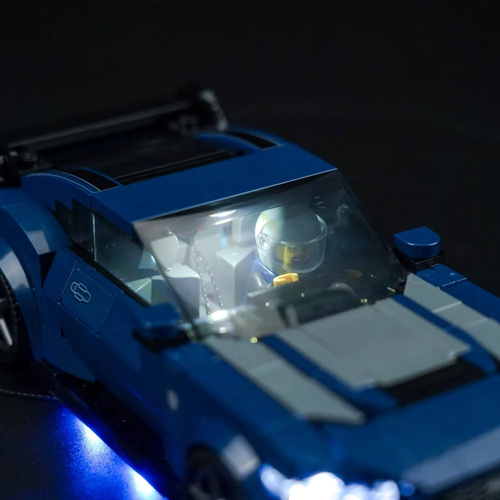 BrickBling micro-LEDs illuminating the headlights of LEGO 76920 Mustang
