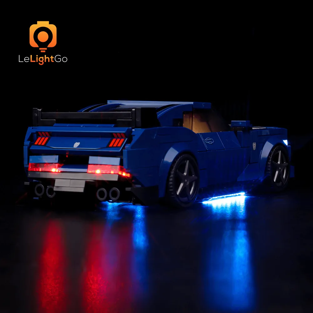 LeLightGo light kit showing the LEGO 76920 Mustang with underglow