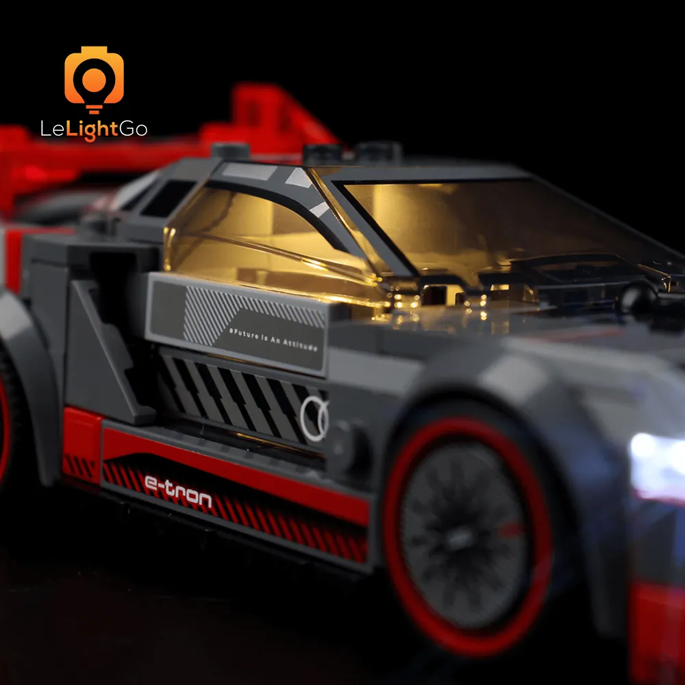LeLightGo micro-LED installation on LEGO Speed Champions Audi showing cockpit and exterior