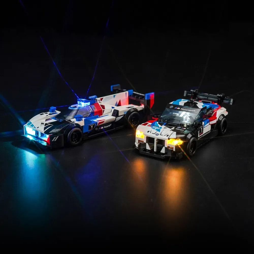 BrickBling LED kit for LEGO 76922 BMW M4 GT3 and BMW M Hybrid V8 with headlights and taillights illuminated