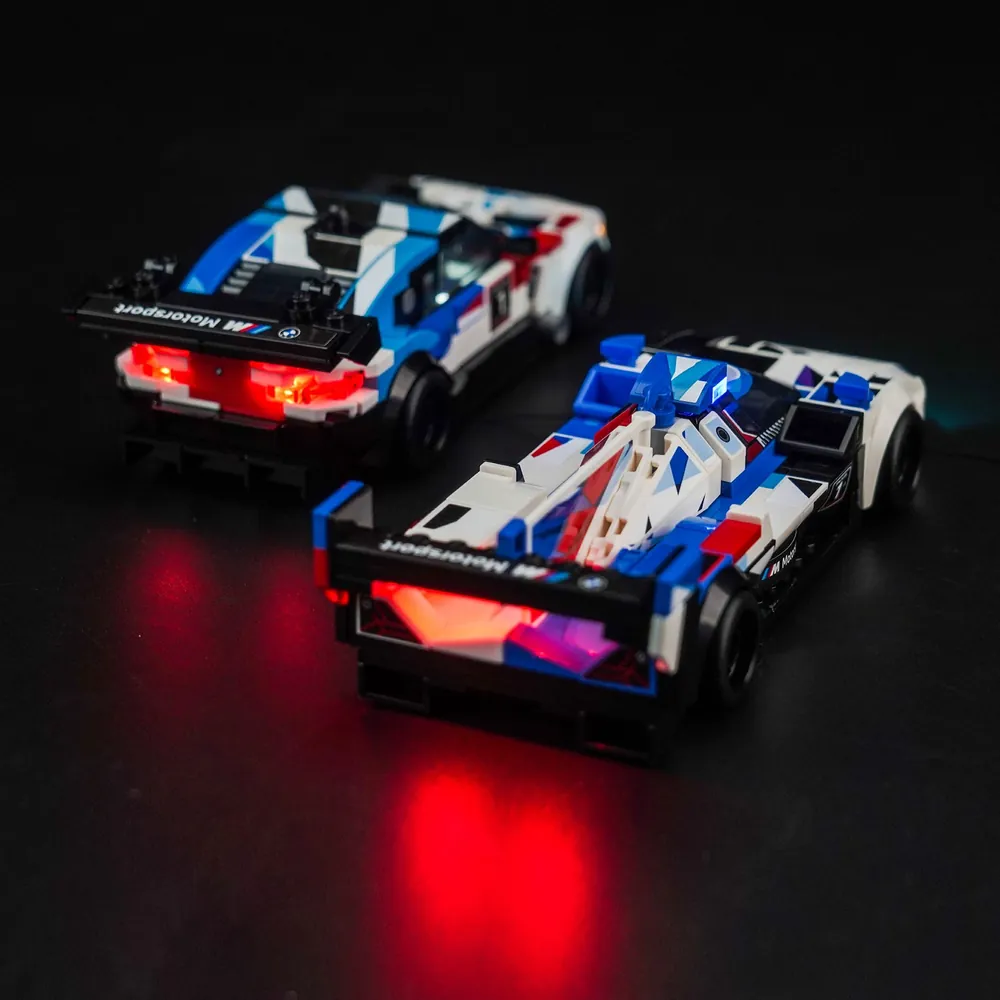 LEGO 76922 BMW M4 GT3 with BrickBling underglow in a dark display