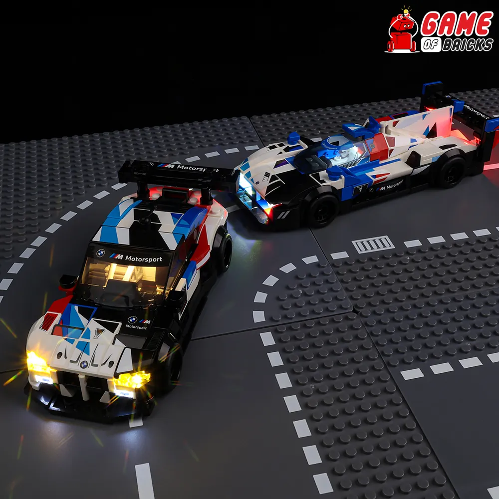 LEGO 76922 BMW M4 GT3 lit by Game of Bricks kit in a racing display