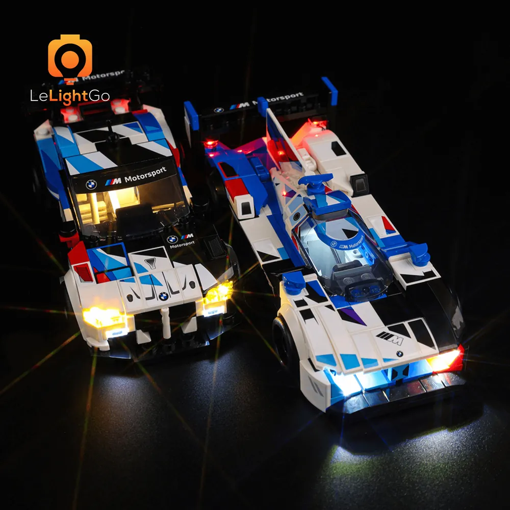 LeLightGo LED kit for LEGO 76922 BMW M4 GT3 showing headlights and daytime running lights