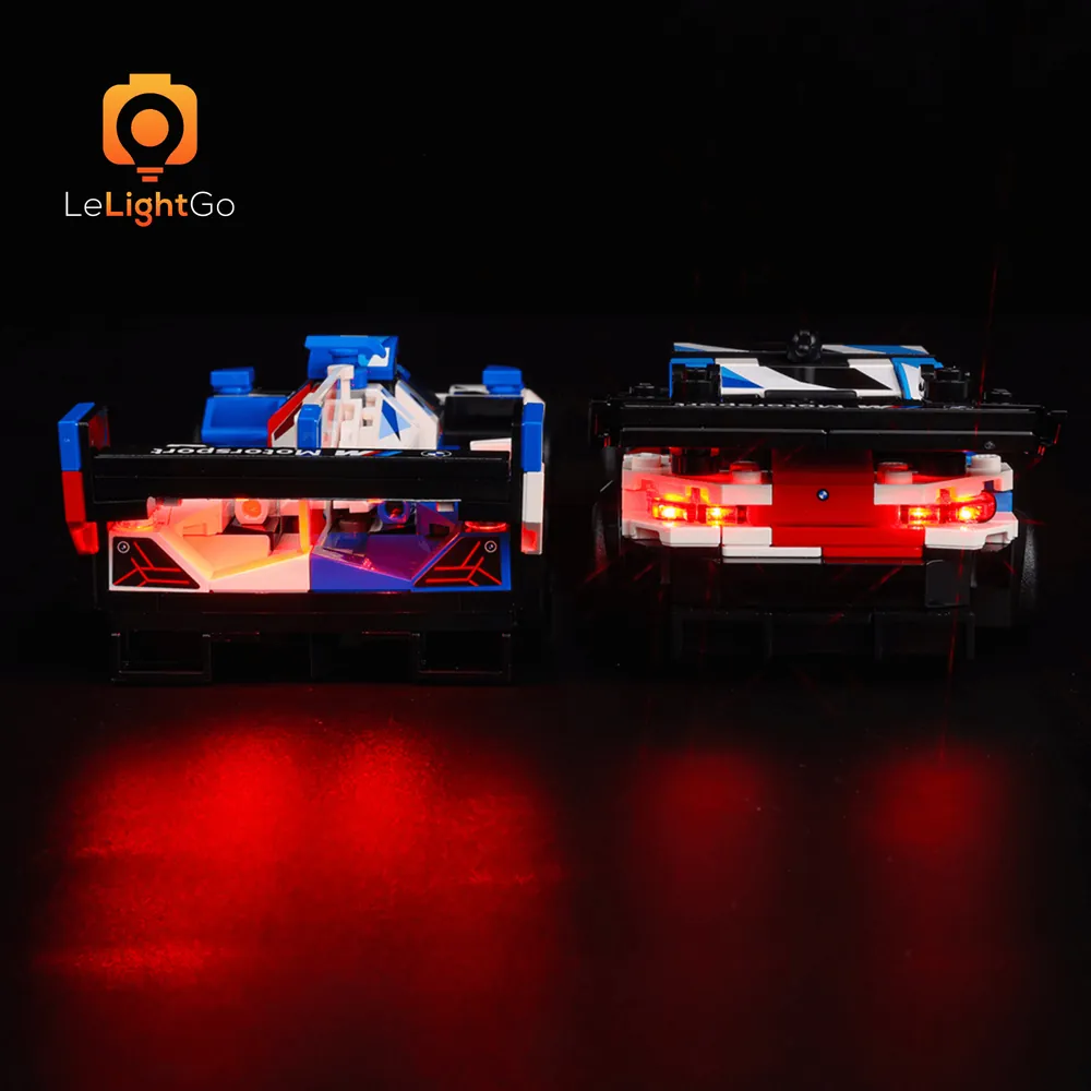 LEGO 76922 BMW M Hybrid V8 with LeLightGo kit in a dark display case