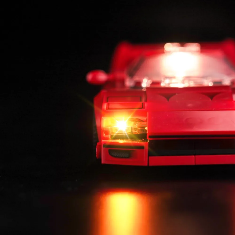 BrickBling LED kit for LEGO Speed Champions showing side skirt illumination and cockpit accent on Ferrari F40