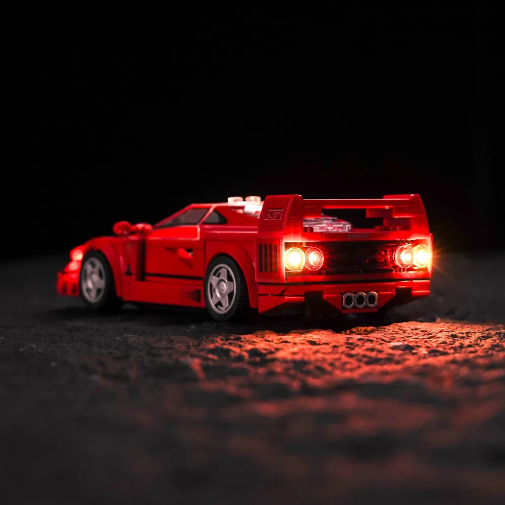 BrickBling LED kit installed on LEGO Ferrari F40 rear wing and engine deck, micro wires concealed