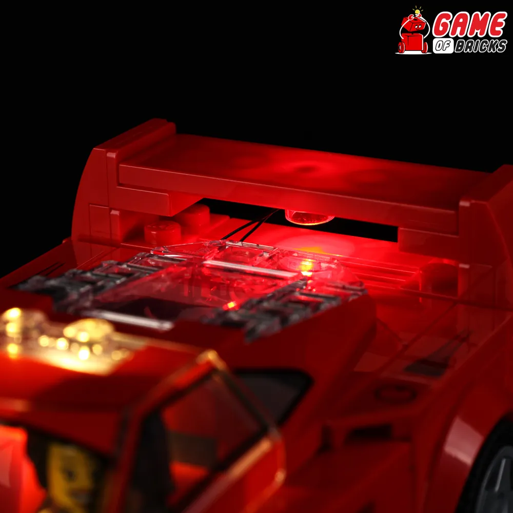 Game of Bricks LED kit installed on LEGO Ferrari F40 cockpit and front bumper, standard gauge wires