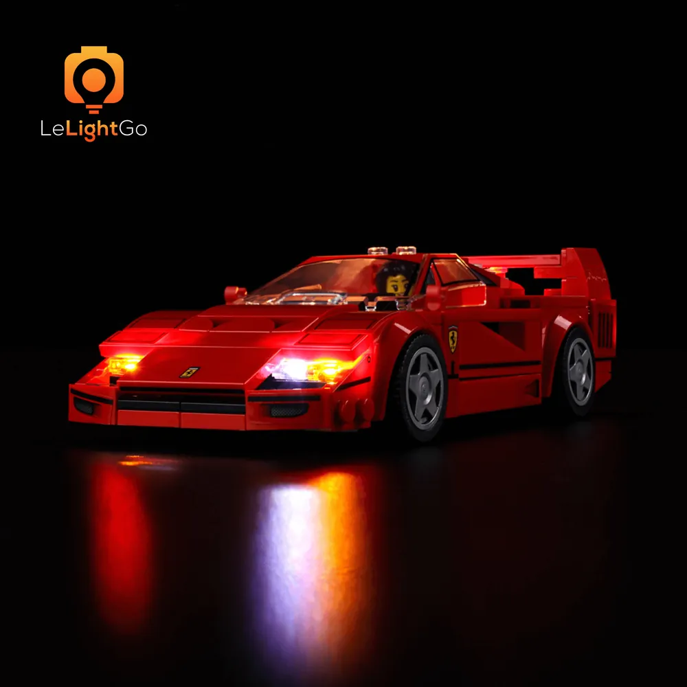 LeLightGo LED kit for LEGO Ferrari F40 with micro LEDs highlighting the wedge nose and pop-up headlights