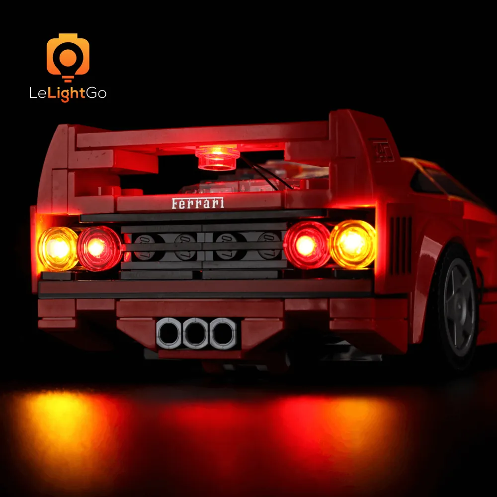 LeLightGo LED kit for LEGO Speed Champions Ferrari F40 illuminating the engine bay through transparent panels
