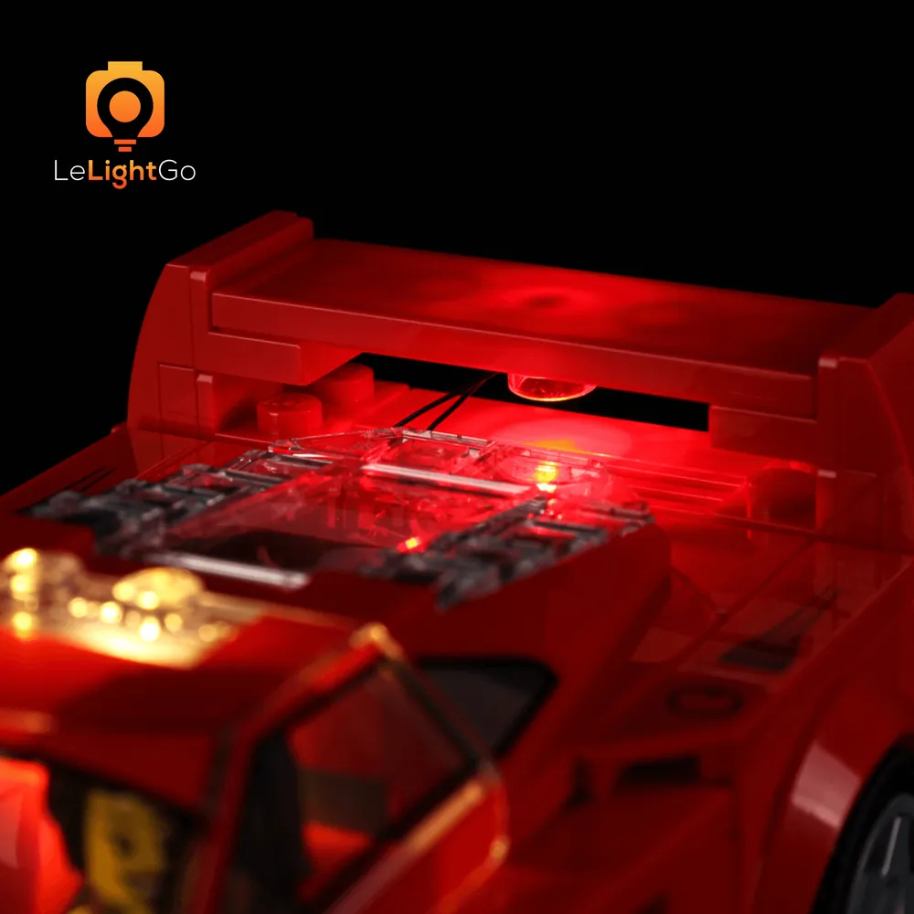 LeLightGo LED kit installed on LEGO Ferrari F40 rear, showing bright taillights and wing accent