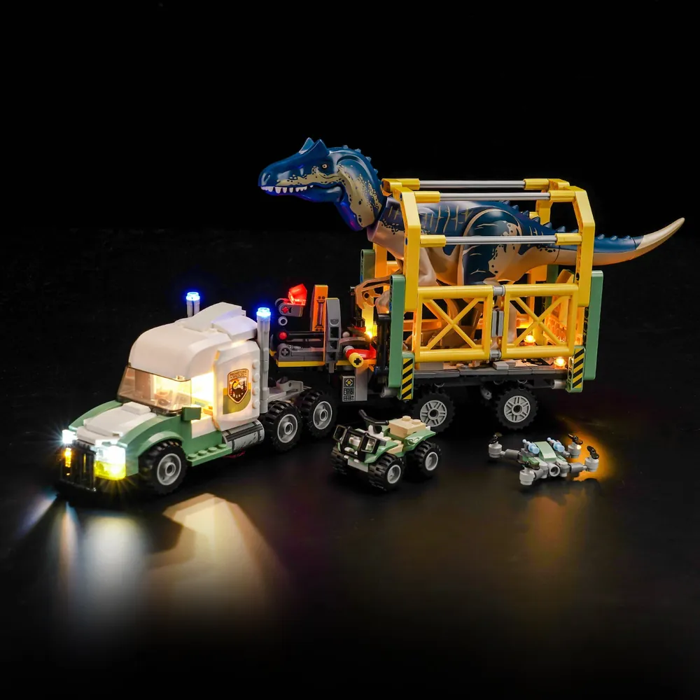 BrickBling LED kit for LEGO Allosaurus Transport Truck highlighting the transport cage and cab