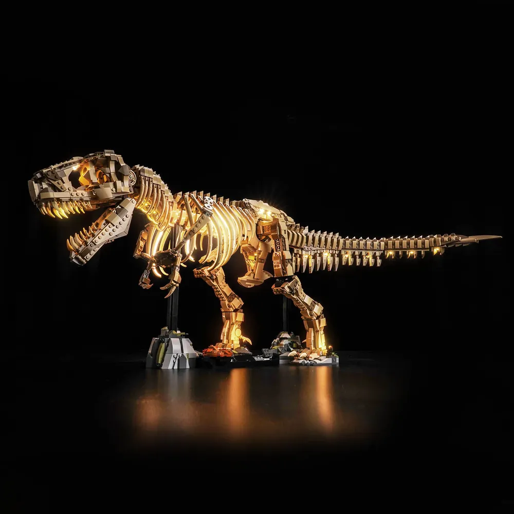 BrickBling LED kit lighting the T-Rex fossil skull and spine