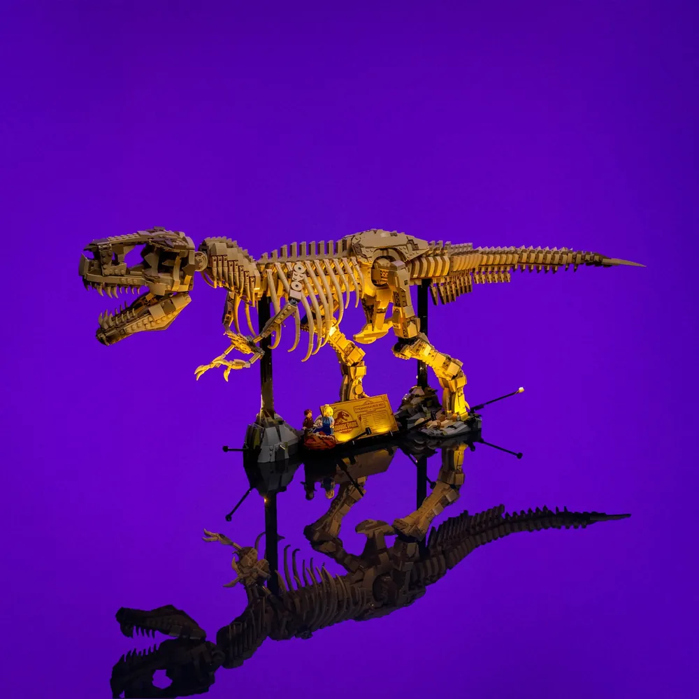LightMyBricks LED kit highlighting the T-Rex skull and jaw