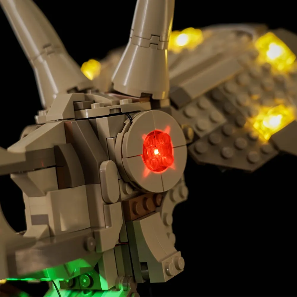 Close up of BrickBling LED lights on LEGO dinosaur fossil