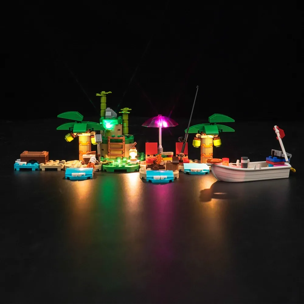 LEGO 77048 with BrickBling LED kit lighting the campfire and lantern