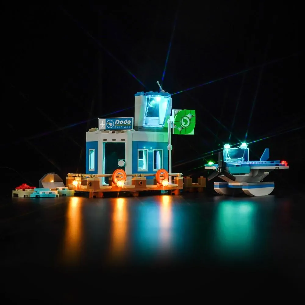 BrickBling Light Kit for LEGO Animal Crossing Dodo Airlines 77051 illuminating the seaplane cockpit and terminal