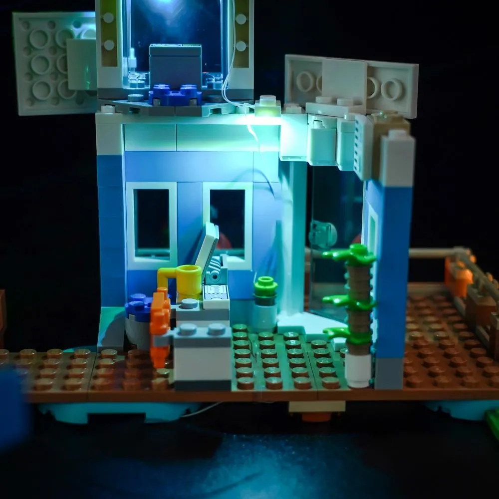 Close-up of BrickBling LED wires on the Dodo Airlines dock and terminal