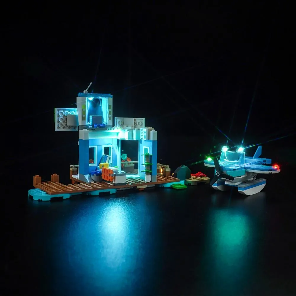 BrickBling Light Kit for LEGO 77051 with all lighting zones visible in a dark room