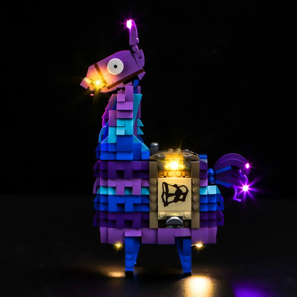 BrickBling LED kit for LEGO Fortnite Supply Llama 77071 lighting up the blue llama's back bling