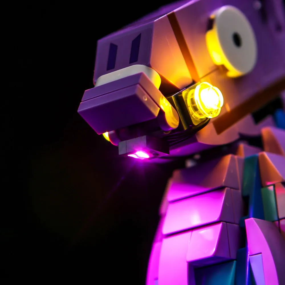 Close-up of BrickBling modular micro-LEDs on the Supply Llama's chest compartment